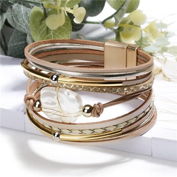 Bracelet for Women, Boho Leather Wrap Multi-Layer Pearl Crystal Bracelet Bangle - Picture 4 of 5